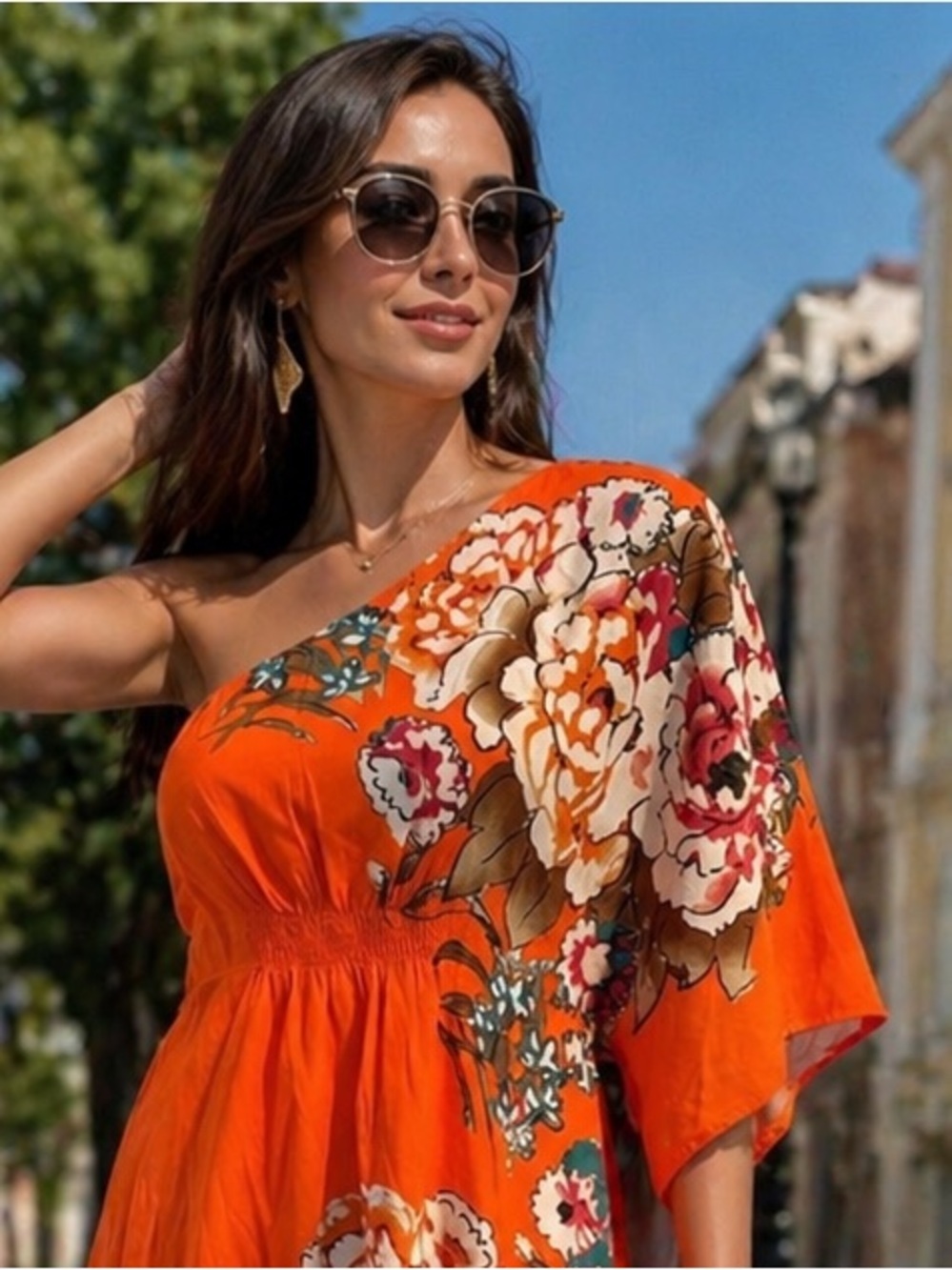 Cache One-Shoulder Orange Floral silk Dress M
